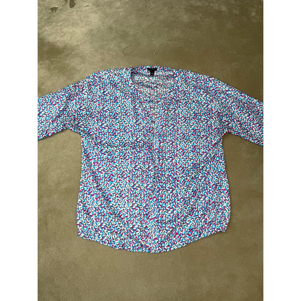 Ann Taylor Shirt Womens Large Blue Pink Abstract Print Pleated V-Neck Preppy